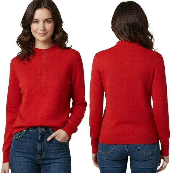 Red Merino Wool Henley Sweater M – Soft Rib Knit Button Front Winter Classic - Picture 1 of 16